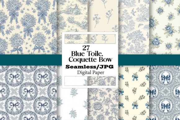 Evaluating Blue Toile Digital Paper with Coquette Bow for Creative Projects
